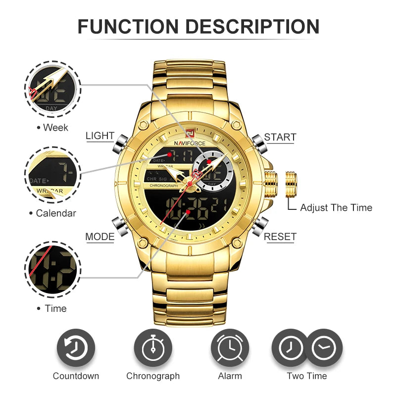 NAVIFORCE 9163 Luxury Original Sport Wrist Watch For Men Quartz Steel Waterproof Dual Display Military Watches Relogio Masculino - MOBITECH  WATCH