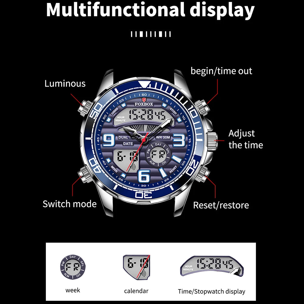 Foxbox Digital Mens Watches Top Luxury Sport Quartz Wristwatch For Men All Steel Military Waterproof Clock+Box - MOBITECH  WATCH