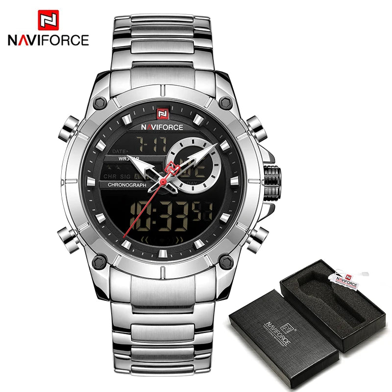 NAVIFORCE 9163 Luxury Original Sport Wrist Watch For Men Quartz Steel Waterproof Dual Display Military Watches Relogio Masculino - MOBITECH  WATCH