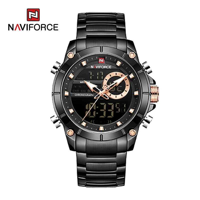 NAVIFORCE 9163 Luxury Original Sport Wrist Watch For Men Quartz Steel Waterproof Dual Display Military Watches Relogio Masculino - MOBITECH  WATCH