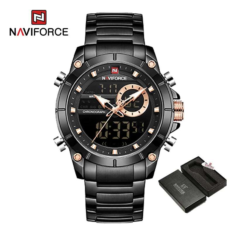 NAVIFORCE 9163 Luxury Original Sport Wrist Watch For Men Quartz Steel Waterproof Dual Display Military Watches Relogio Masculino - MOBITECH  WATCH