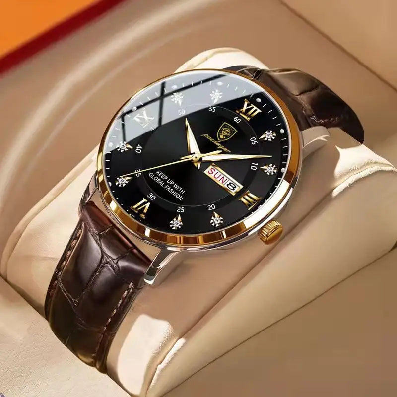 POEDAGAR Men Watch Fashion High Quality Leather Watches Waterproof Luminous Week Date Top Brand Luxury Quartz Man Wristwatch - MOBITECH  WATCH