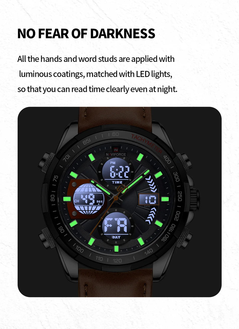 NAVIFORCE Sport Watches for Men Strong Luminous Dual Display Waterproof Quartz Genuine Leather Wristwatch Relogio Masculino - MOBITECH  WATCH