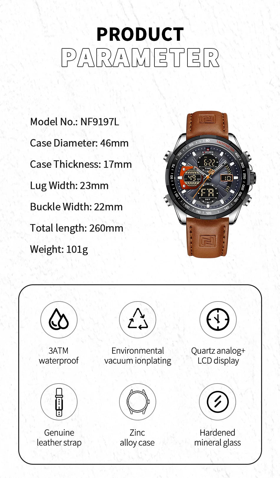 NAVIFORCE Sport Watches for Men Strong Luminous Dual Display Waterproof Quartz Genuine Leather Wristwatch Relogio Masculino - MOBITECH  WATCH