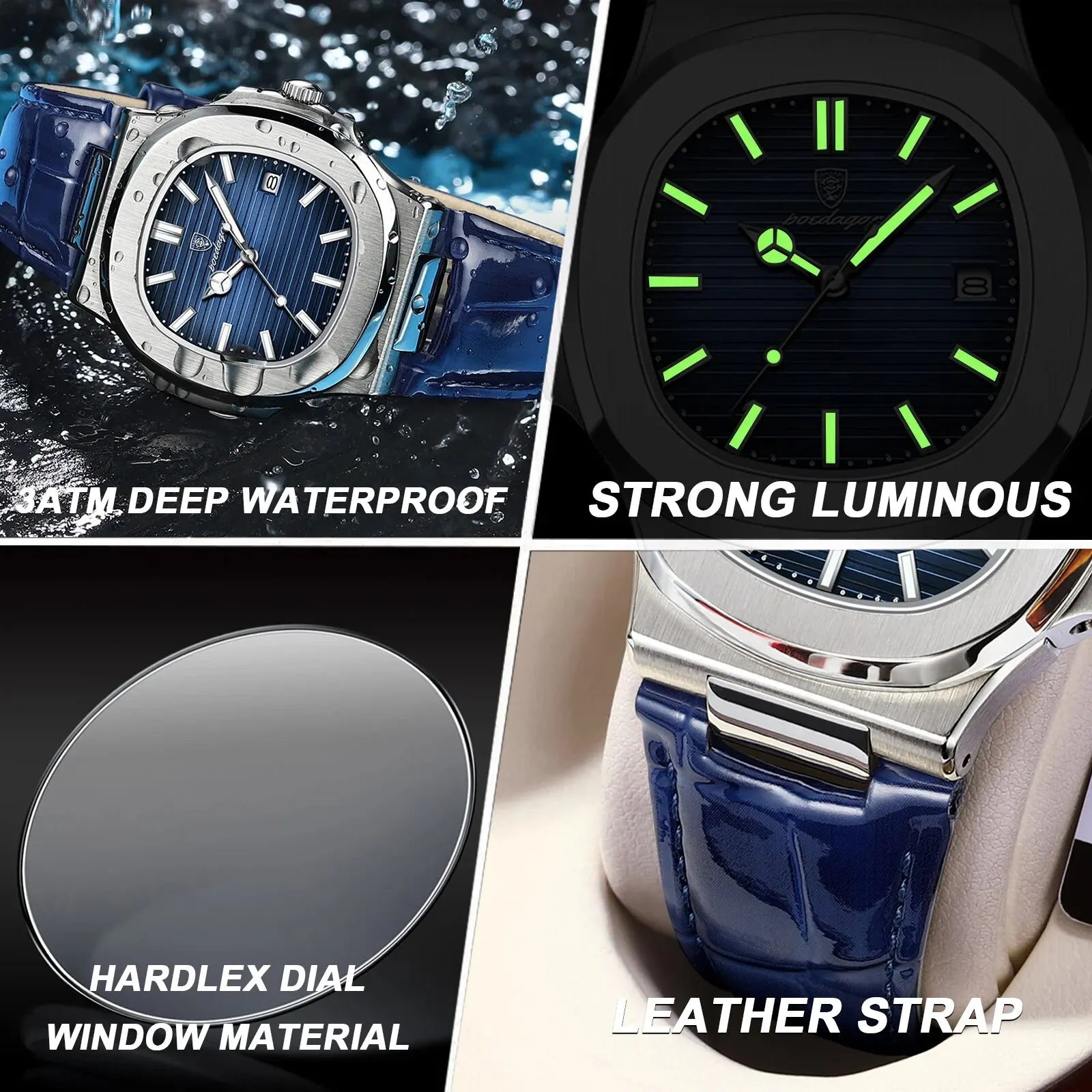 Top Luxury Square Man Watch Date Waterproof Luminous Men Wristwatch High Quality Leather Men's Quartz Watches - MOBITECH  WATCH