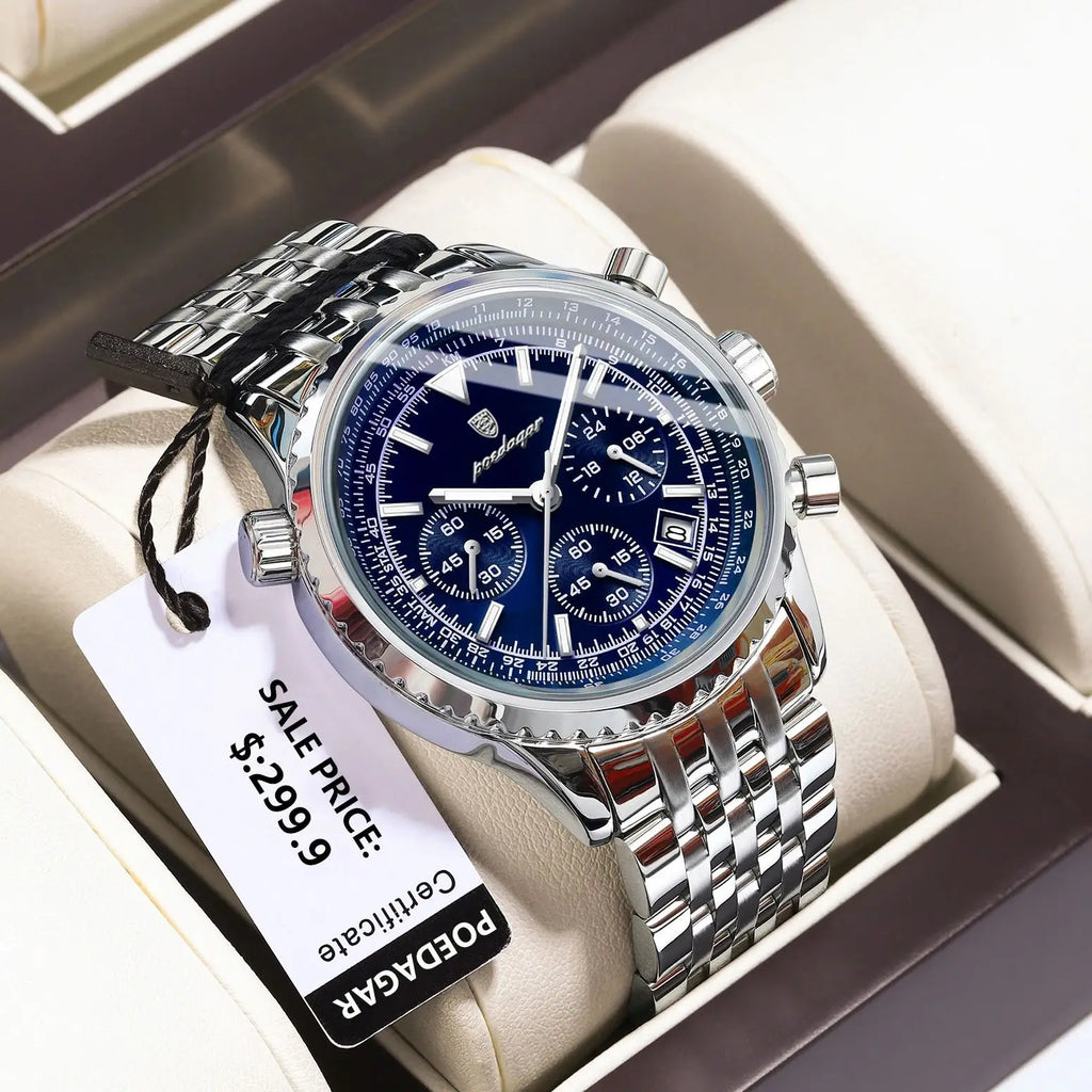 POEDAGAR Business Man Watch Chronograph Date Waterproof Luminous Men's Watches Stainless Steel Trendy Quartz Male Wristwatch+Box - MOBITECH  WATCH
