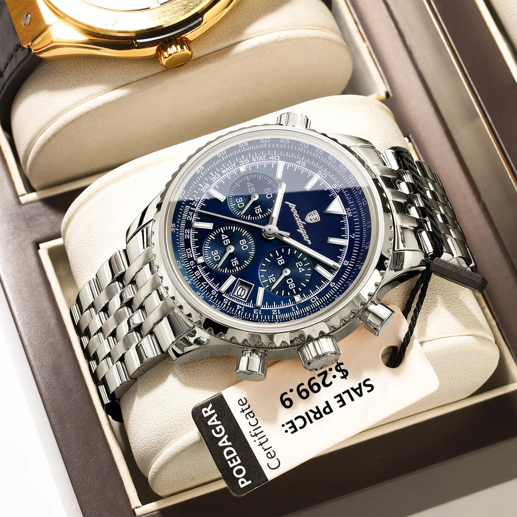 POEDAGAR Business Man Watch Chronograph Date Waterproof Luminous Men's Watches Stainless Steel Trendy Quartz Male Wristwatch+Box - MOBITECH  WATCH