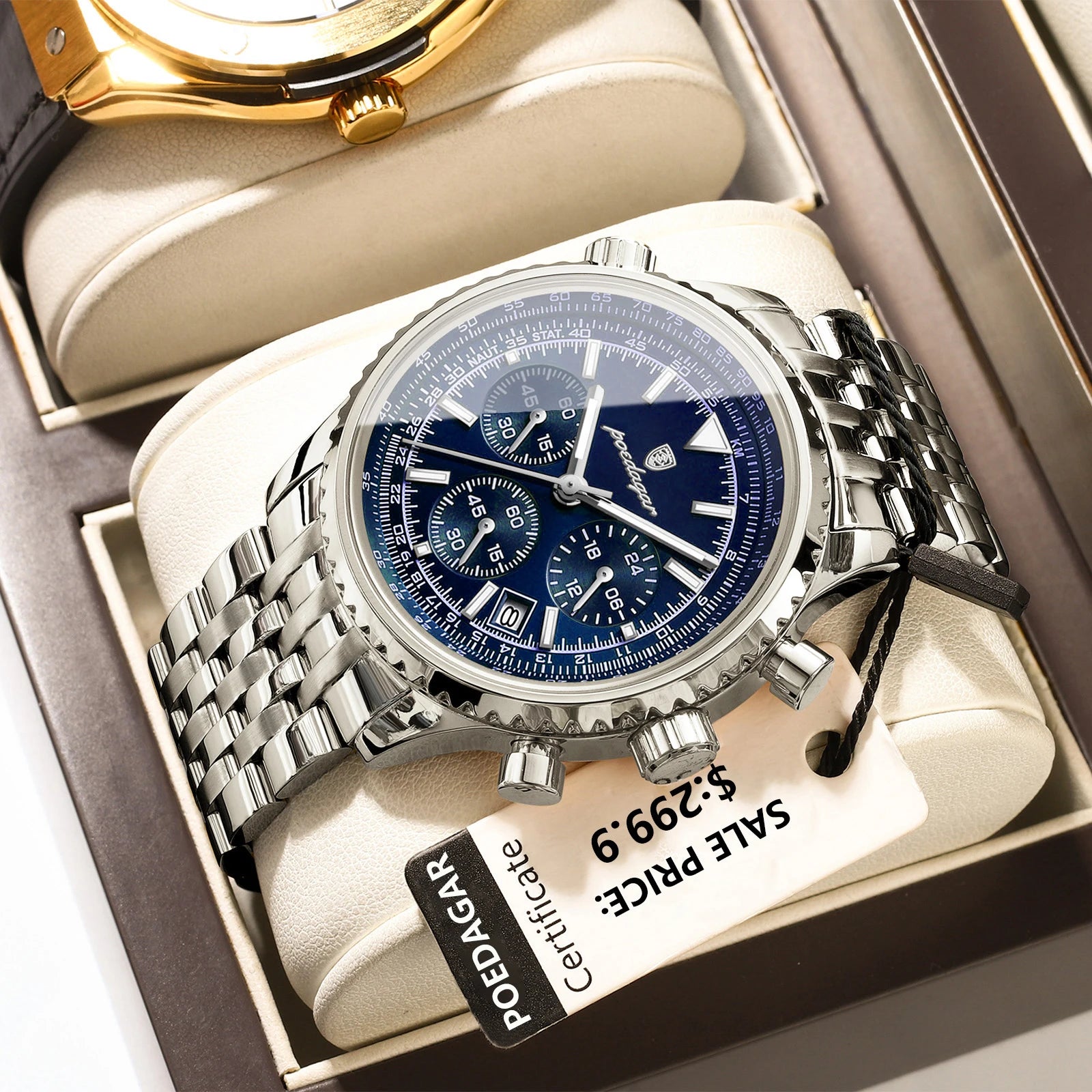 POEDAGAR Business Man Watch Chronograph Date Waterproof Luminous Men's Watches Stainless Steel Trendy Quartz Male Wristwatch+Box - MOBITECH  WATCH