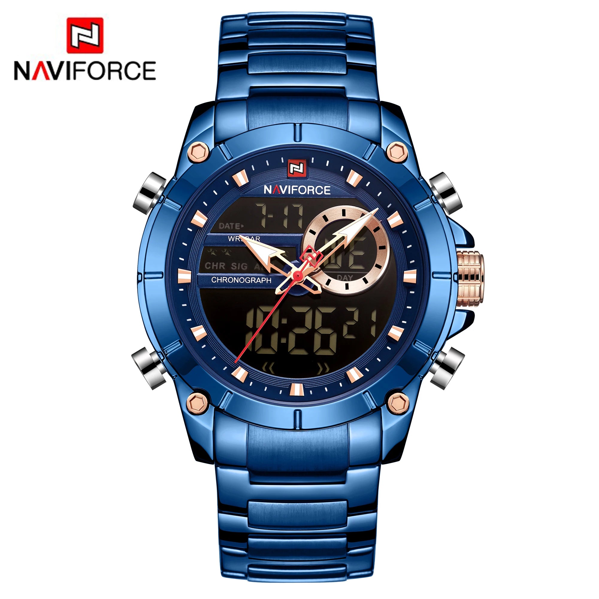 NAVIFORCE 9163 Luxury Original Sport Wrist Watch For Men Quartz Steel Waterproof Dual Display Military Watches Relogio Masculino - MOBITECH  WATCH