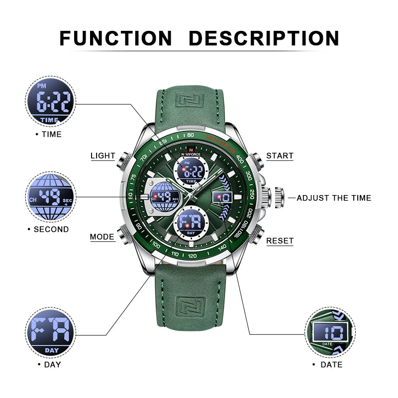 NAVIFORCE Sport Watches for Men Strong Luminous Dual Display Waterproof Quartz Genuine Leather Wristwatch Relogio Masculino - MOBITECH  WATCH