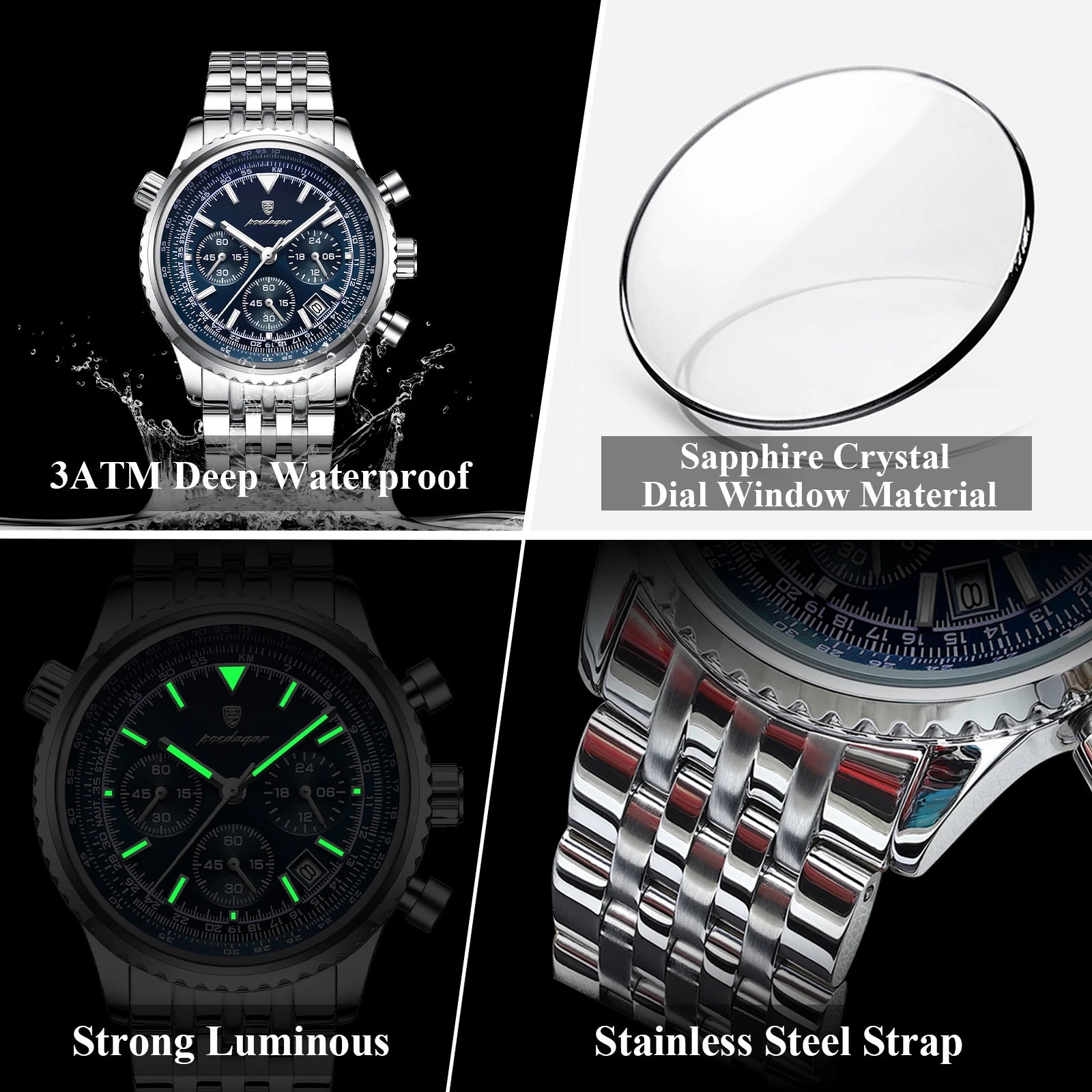 POEDAGAR Business Man Watch Chronograph Date Waterproof Luminous Men's Watches Stainless Steel Trendy Quartz Male Wristwatch+Box - MOBITECH  WATCH