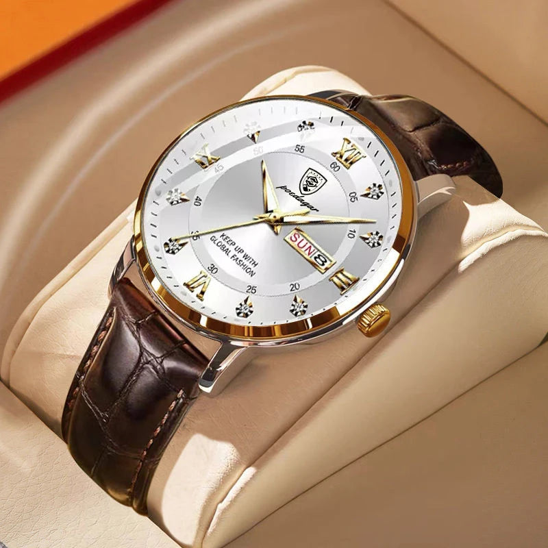 POEDAGAR Men Watch Fashion High Quality Leather Watches Waterproof Luminous Week Date Top Brand Luxury Quartz Man Wristwatch - MOBITECH  WATCH