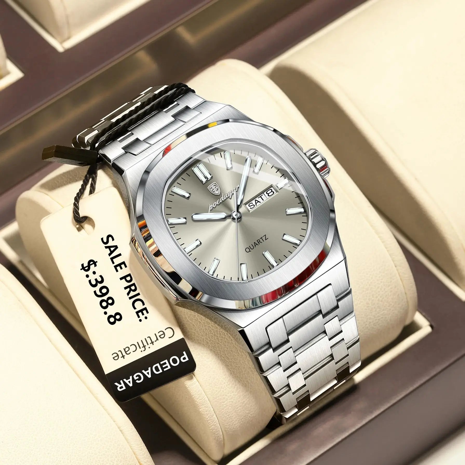 POEDAGAR Luxury Military Man Watch Square Waterproof Luminous Date Week Men Watch Stainless Steel Quartz Men's Watches Reloj+box - MOBITECH  WATCH