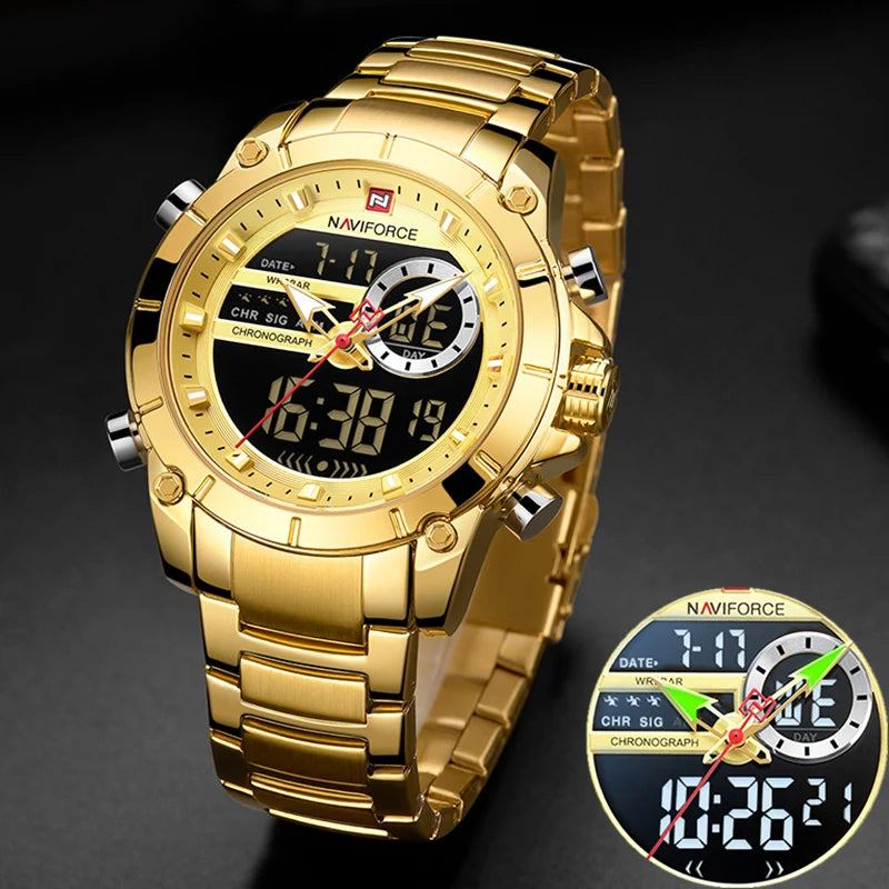 NAVIFORCE 9163 Luxury Original Sport Wrist Watch For Men Quartz Steel Waterproof Dual Display Military Watches Relogio Masculino - MOBITECH  WATCH