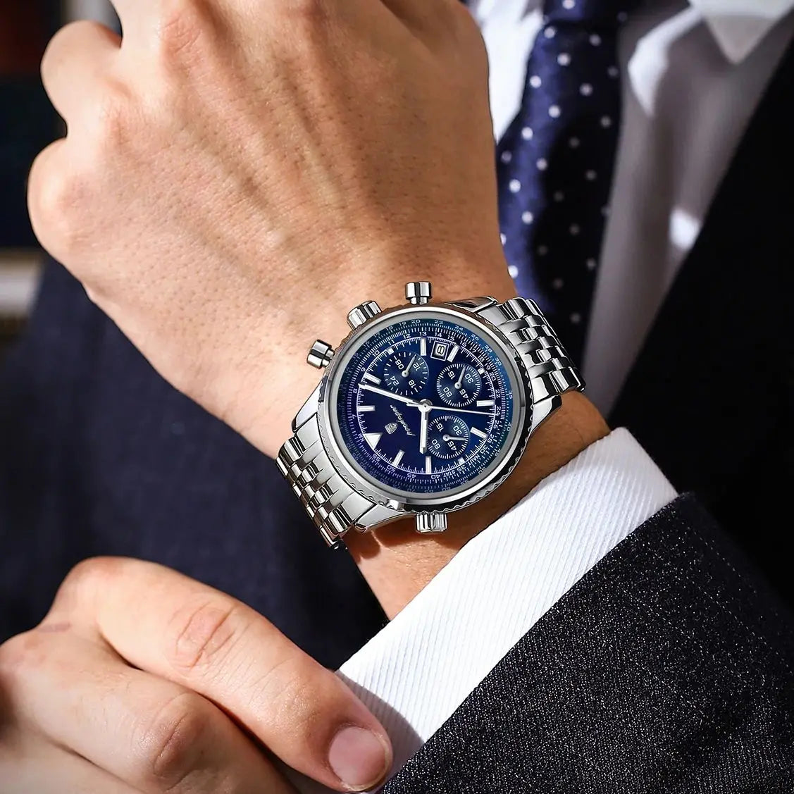 POEDAGAR Business Man Watch Chronograph Date Waterproof Luminous Men's Watches Stainless Steel Trendy Quartz Male Wristwatch+Box - MOBITECH  WATCH
