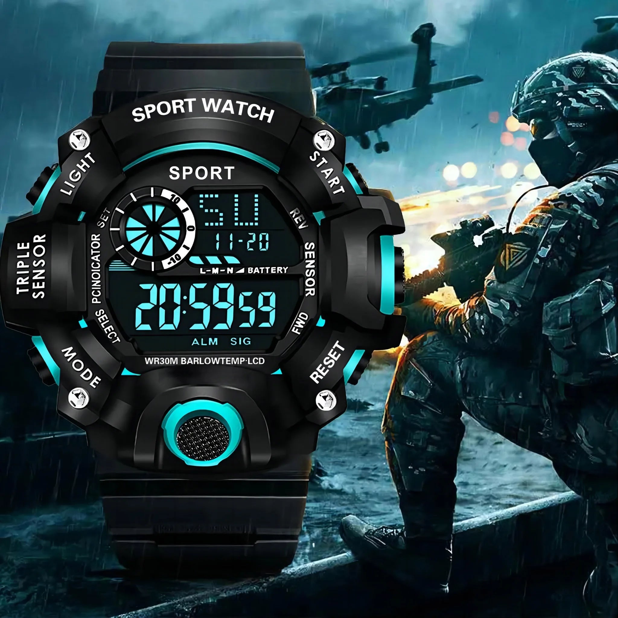 Fashion Men's Watch Sports Electronic Wristwatch Large dial Multifunctional Waterproof Luminous Alarm Kids Male's Military Watch - MOBITECH  WATCH