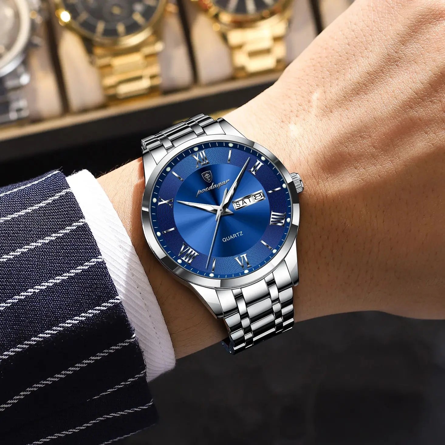 POEDAGAR Luxury Casual Watch For Man Date Week Waterproof Luminous Stainless Steel Men Watch Sport Quartz Men's Watches Male+Box - MOBITECH  WATCH