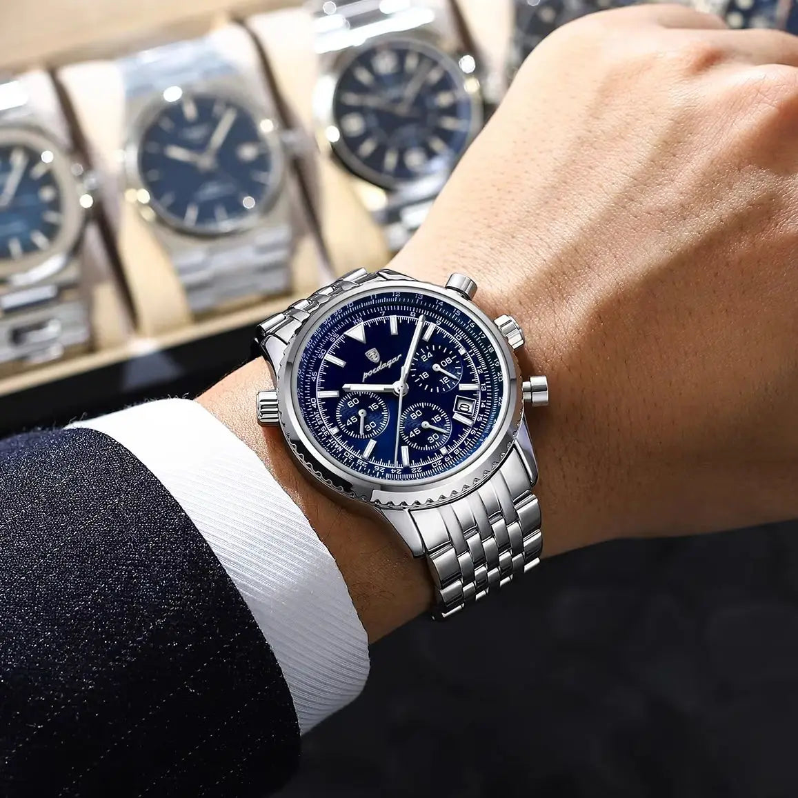 POEDAGAR Business Man Watch Chronograph Date Waterproof Luminous Men's Watches Stainless Steel Trendy Quartz Male Wristwatch+Box - MOBITECH  WATCH