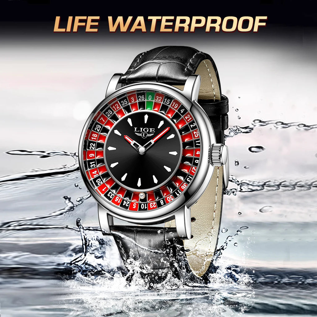Quartz Man Watch Fashion Luxury Creative Roulette Game Dial Design Leather Casual Life Waterproof Watches for Men Gifts+Box - MOBITECH  WATCH