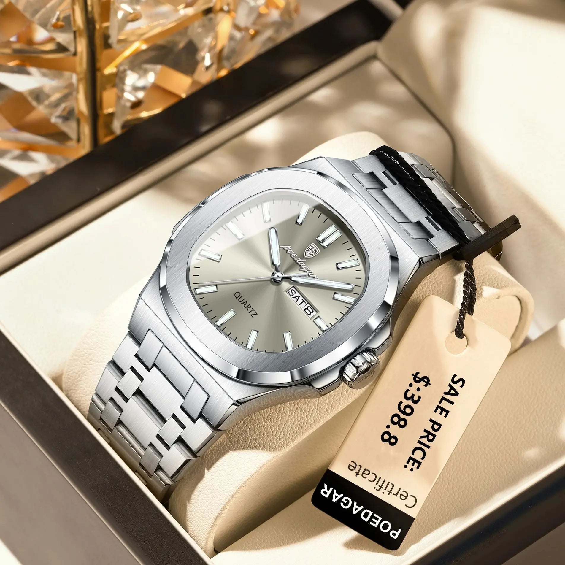 POEDAGAR Luxury Military Man Watch Square Waterproof Luminous Date Week Men Watch Stainless Steel Quartz Men's Watches Reloj+box - MOBITECH  WATCH