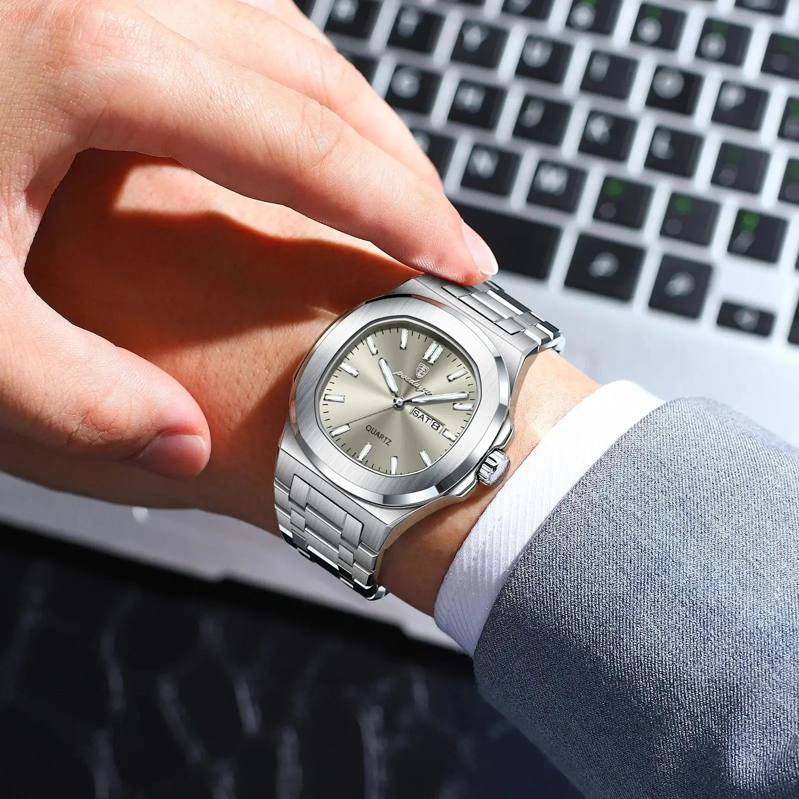 POEDAGAR Luxury Military Man Watch Square Waterproof Luminous Date Week Men Watch Stainless Steel Quartz Men's Watches Reloj+box - MOBITECH  WATCH