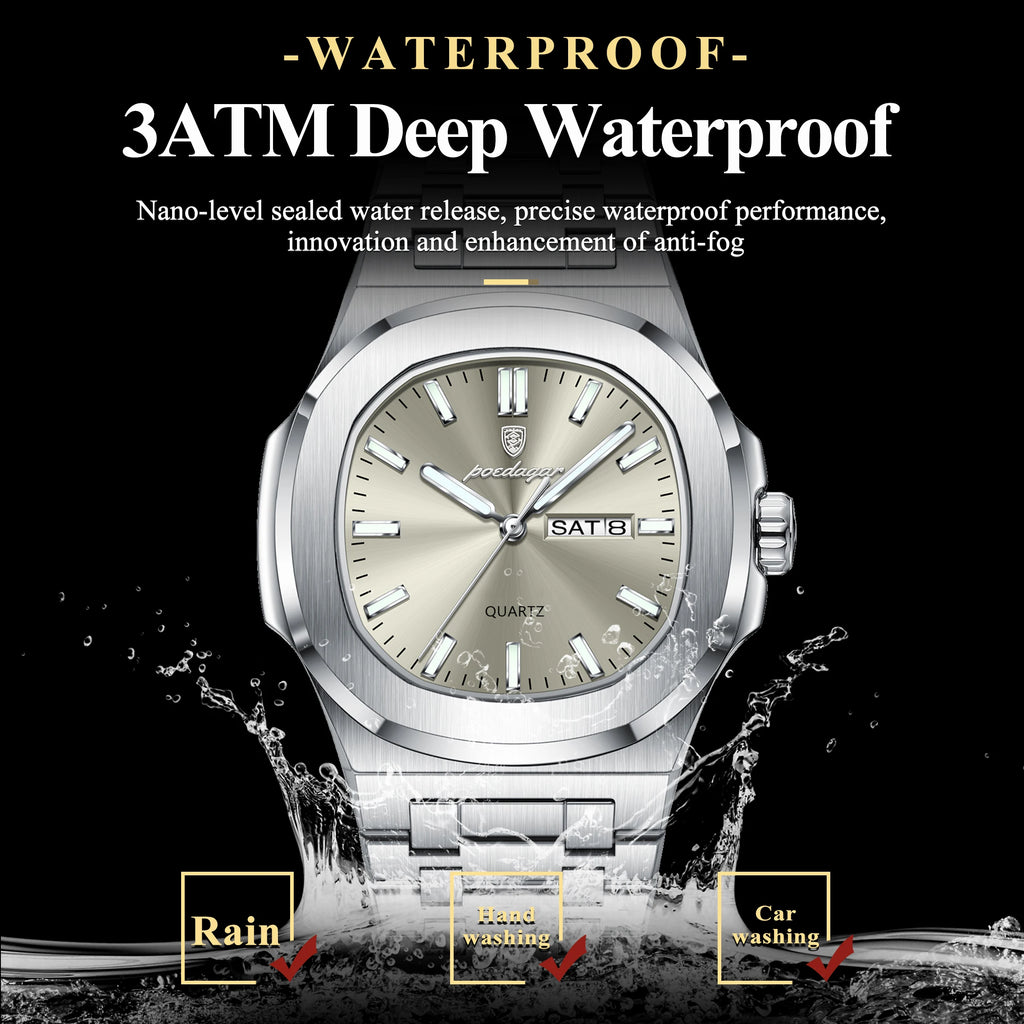 POEDAGAR Luxury Military Man Watch Square Waterproof Luminous Date Week Men Watch Stainless Steel Quartz Men's Watches Reloj+box - MOBITECH  WATCH