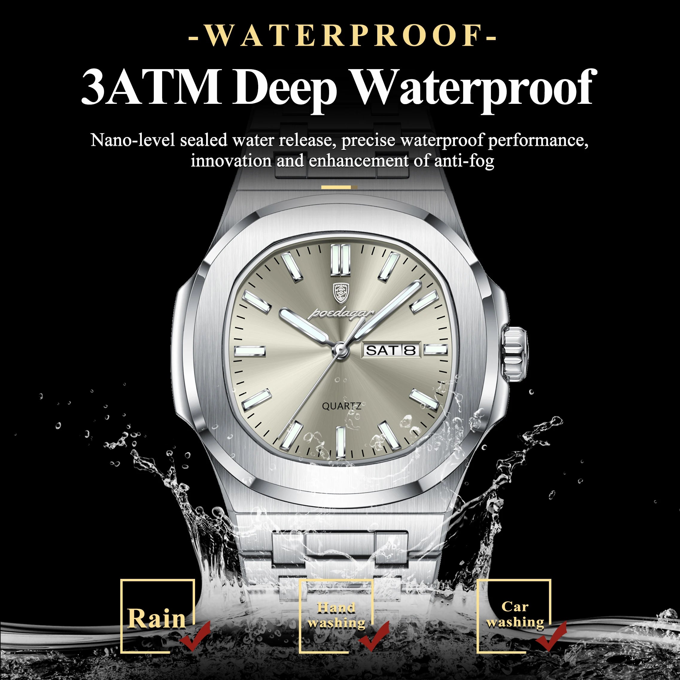 POEDAGAR Luxury Military Man Watch Square Waterproof Luminous Date Week Men Watch Stainless Steel Quartz Men's Watches Reloj+box - MOBITECH  WATCH