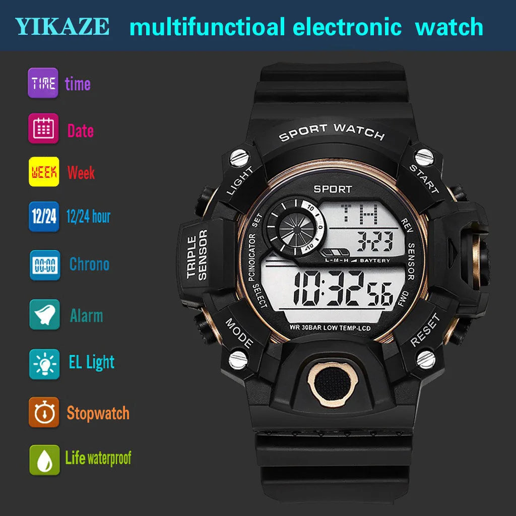 Fashion Men's Watch Sports Electronic Wristwatch Large dial Multifunctional Waterproof Luminous Alarm Kids Male's Military Watch - MOBITECH  WATCH