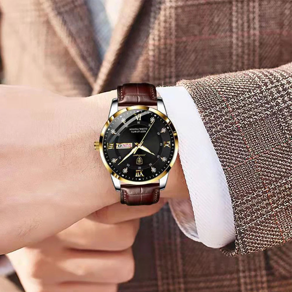 POEDAGAR Men Watch Fashion High Quality Leather Watches Waterproof Luminous Week Date Top Brand Luxury Quartz Man Wristwatch - MOBITECH  WATCH