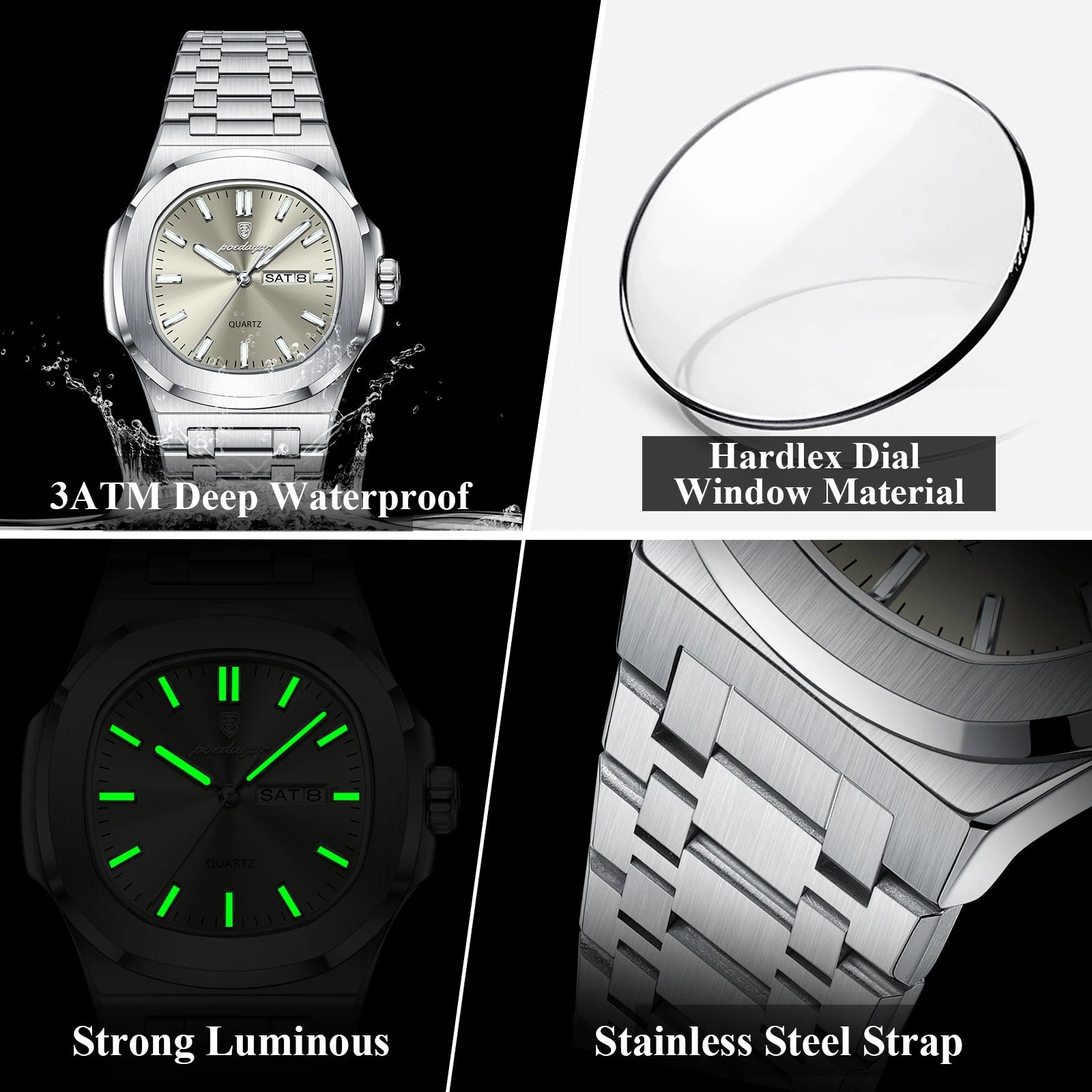 POEDAGAR Luxury Military Man Watch Square Waterproof Luminous Date Week Men Watch Stainless Steel Quartz Men's Watches Reloj+box - MOBITECH  WATCH