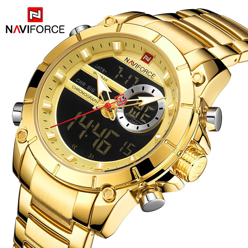 NAVIFORCE 9163 Luxury Original Sport Wrist Watch For Men Quartz Steel Waterproof Dual Display Military Watches Relogio Masculino - MOBITECH  WATCH