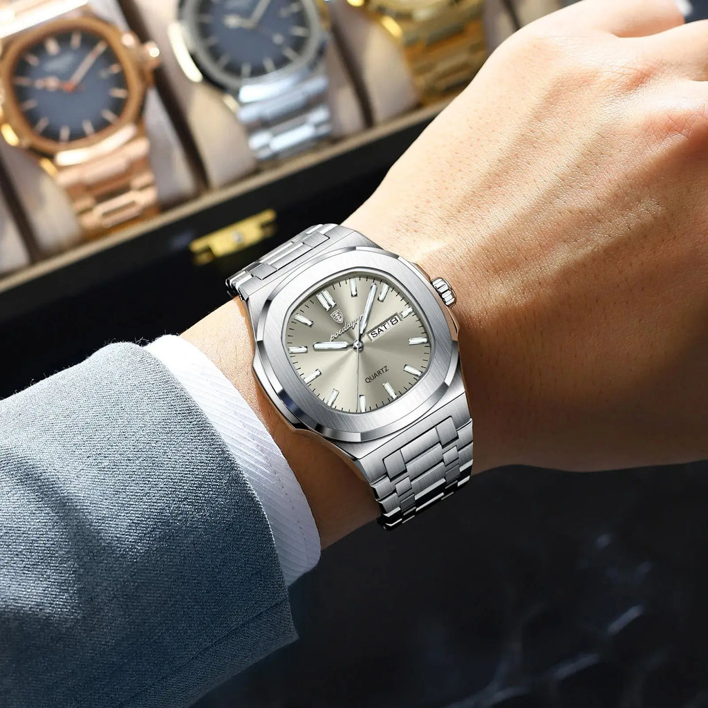 POEDAGAR Luxury Military Man Watch Square Waterproof Luminous Date Week Men Watch Stainless Steel Quartz Men's Watches Reloj+box - MOBITECH  WATCH