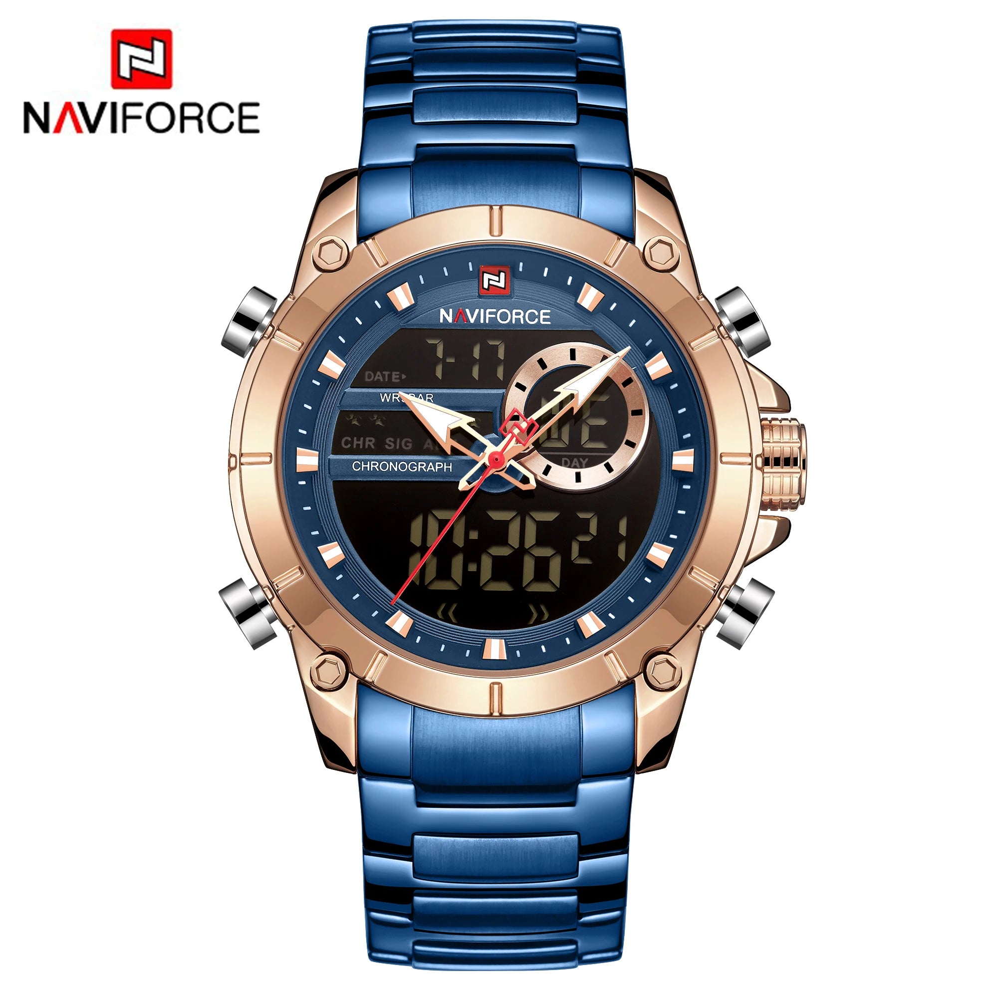 NAVIFORCE 9163 Luxury Original Sport Wrist Watch For Men Quartz Steel Waterproof Dual Display Military Watches Relogio Masculino - MOBITECH  WATCH