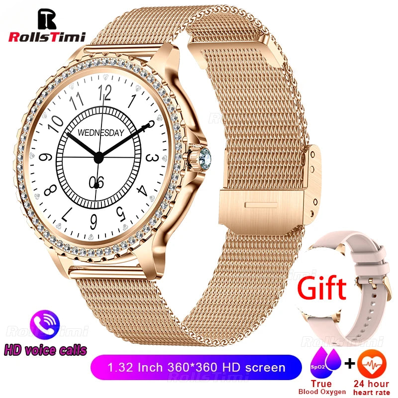 Fashion Luxury Gold Women Smart Watch Heart rate Blood Oxygen Sleep Monitoring Diamond Bracelet Bluetooth Call Smartwatch Ladies - MOBITECH  WATCH