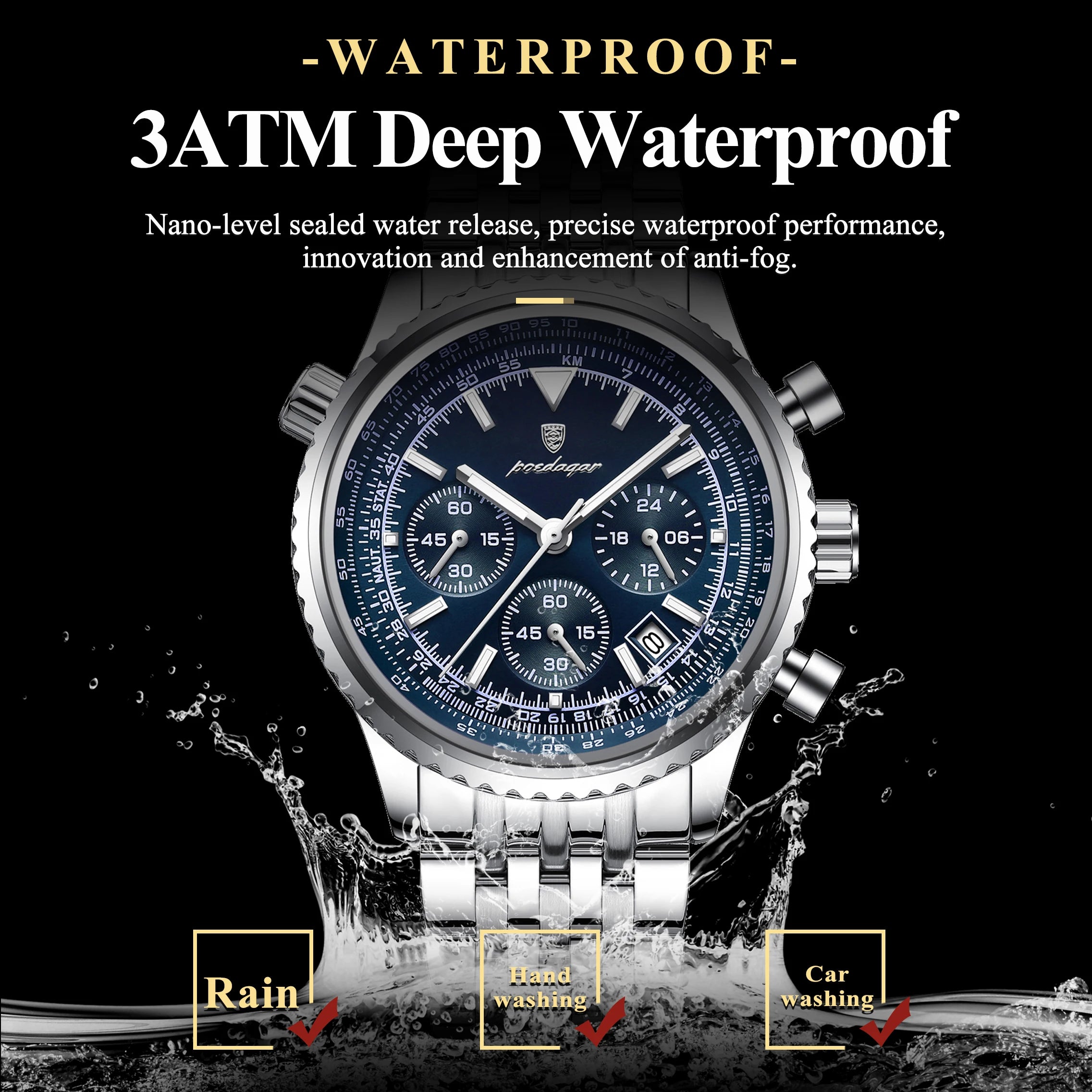 POEDAGAR Business Man Watch Chronograph Date Waterproof Luminous Men's Watches Stainless Steel Trendy Quartz Male Wristwatch+Box - MOBITECH  WATCH