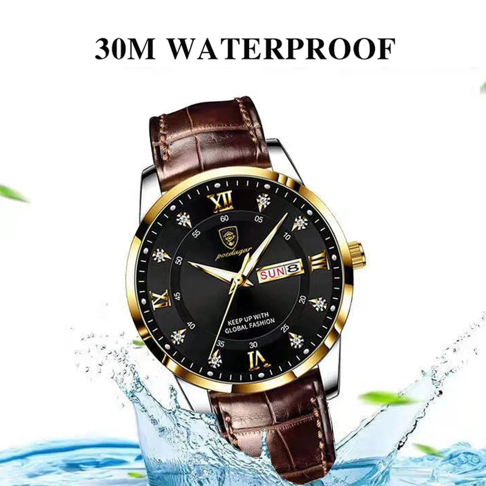 POEDAGAR Men Watch Fashion High Quality Leather Watches Waterproof Luminous Week Date Top Brand Luxury Quartz Man Wristwatch - MOBITECH  WATCH