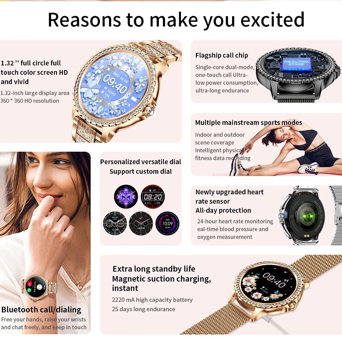 Fashion Luxury Gold Women Smart Watch Heart rate Blood Oxygen Sleep Monitoring Diamond Bracelet Bluetooth Call Smartwatch Ladies - MOBITECH  WATCH